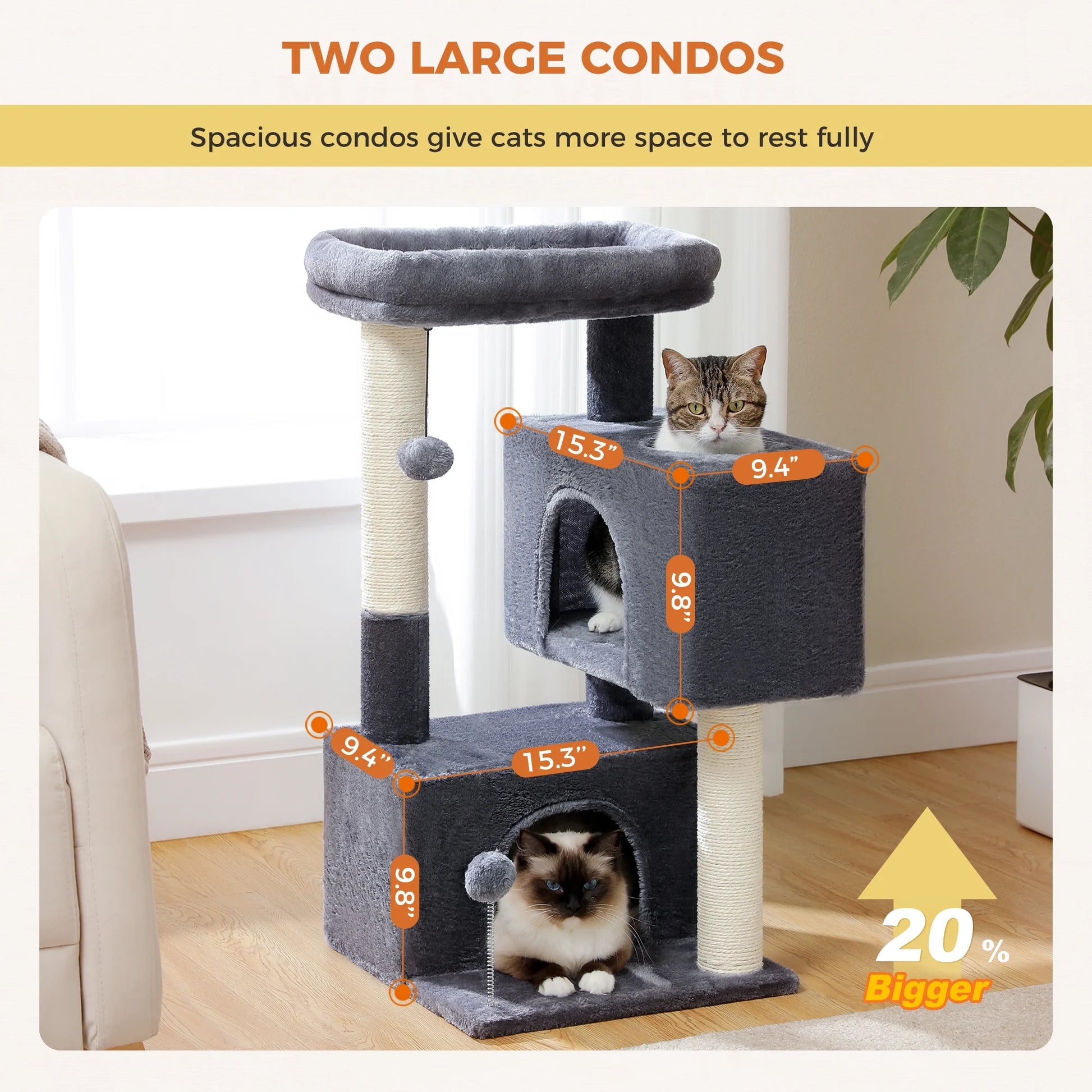 31.5" Modern Cat Tree Tower with Dual Large Condos for Kitten & Medium Size Cat Dark Gray